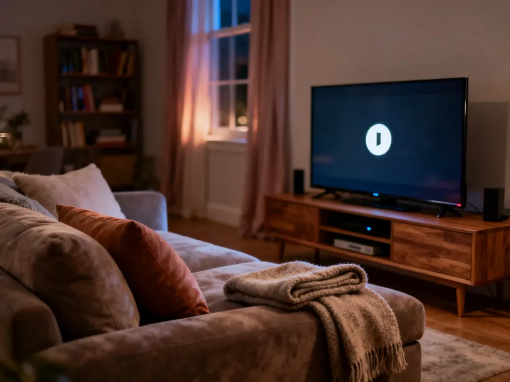 Przytulny salon z telewizorem i wygodną kanapą, idealny do wieczornego oglądania seriali w domowym zaciszu.