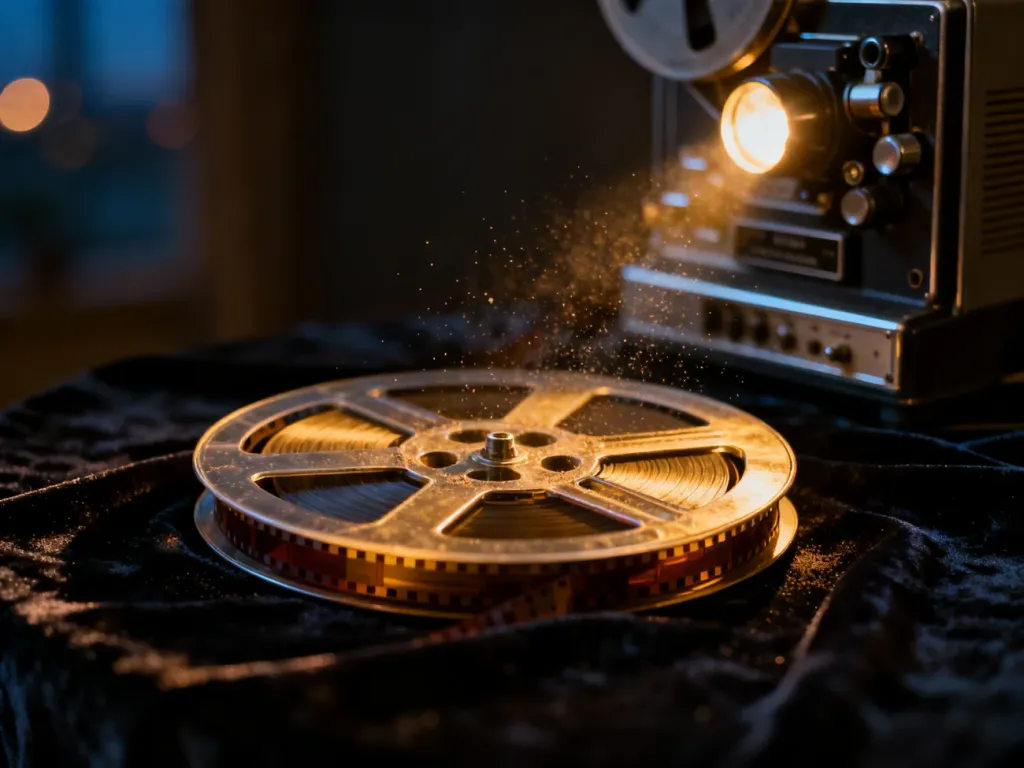 Szpula z taśmą filmową na aksamitnym tle w klimatycznym oświetleniu starego projektora kinowego.