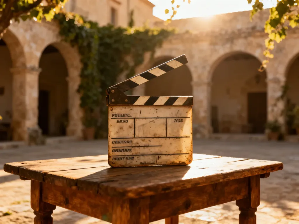 Zabytkowy klaps filmowy na drewnianym stole w śródziemnomorskim patio, nawiązujący do klimatu planu zdjęciowego serialu.