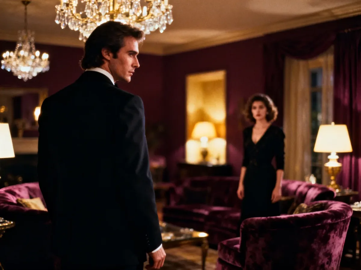Tajemniczy mężczyzna w eleganckim wnętrzu pełnym romantycznego napięcia