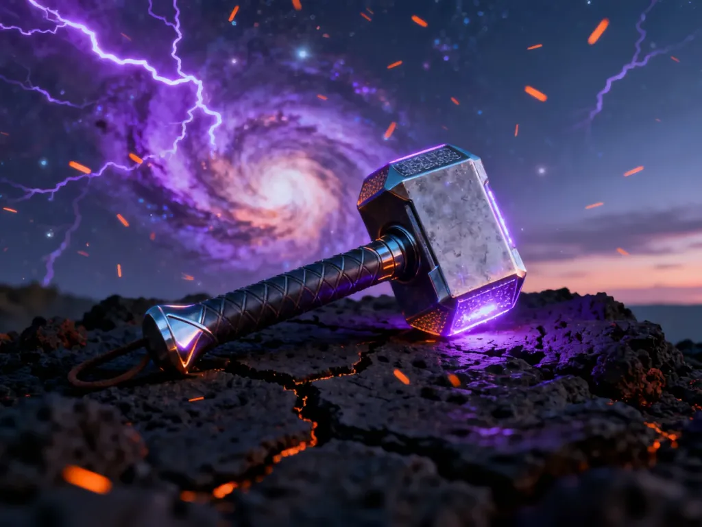 Świecący młot Thora, Mjolnir, spoczywający na wulkanicznej skale na tle kosmicznej mgławicy.