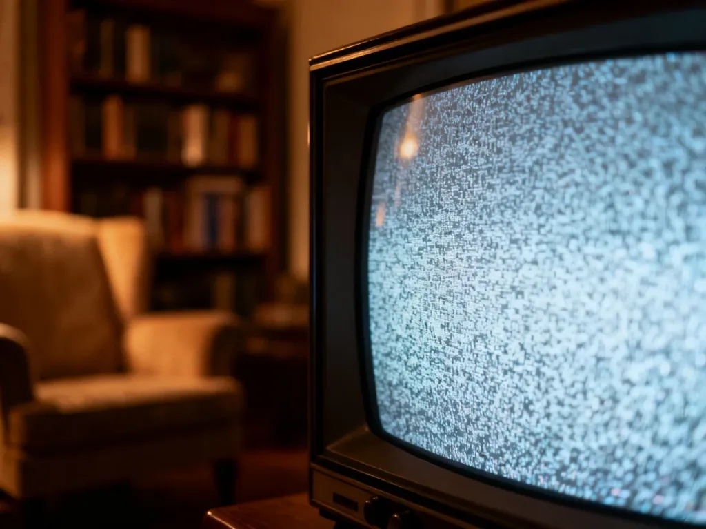 Stary telewizor z szumem ekranu w przytulnym salonie, wprowadzający w klimatyczny nastrój serialu.