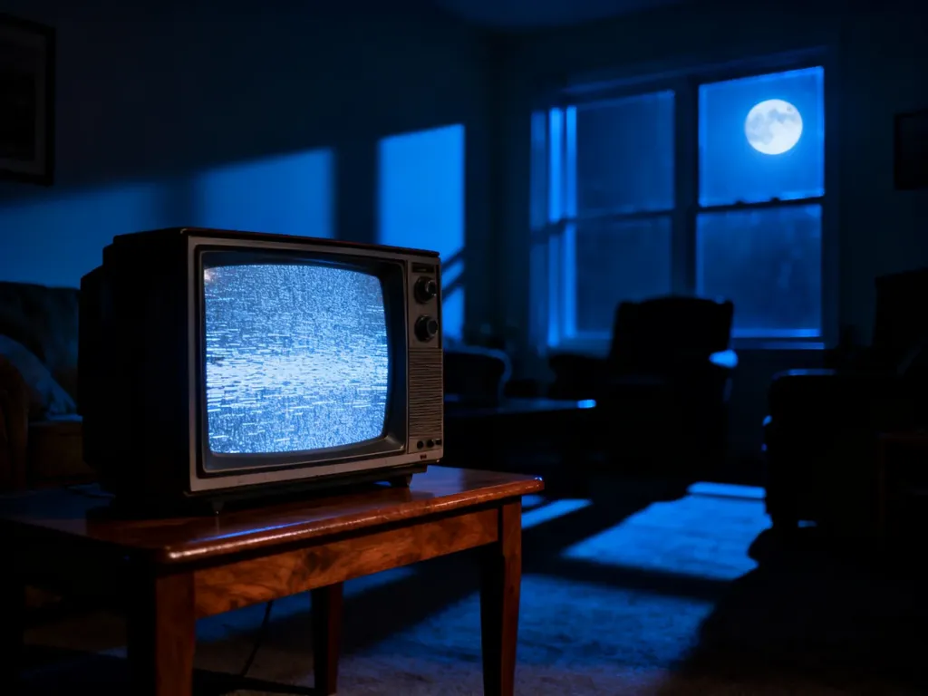 Stary telewizor z migoczącym ekranem w mrocznym, tajemniczym salonie, budujący klimat serialu „Zniknięcia”.
