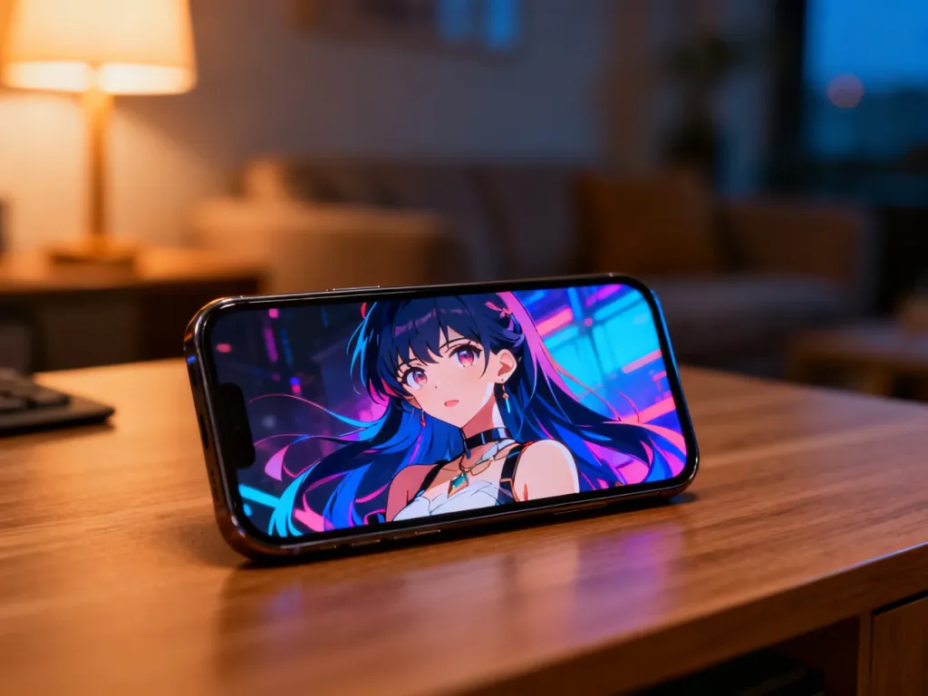 Smartfon z wyświetloną ilustracją postaci w stylu anime, leżący na drewnianym biurku w przytulnym wnętrzu.