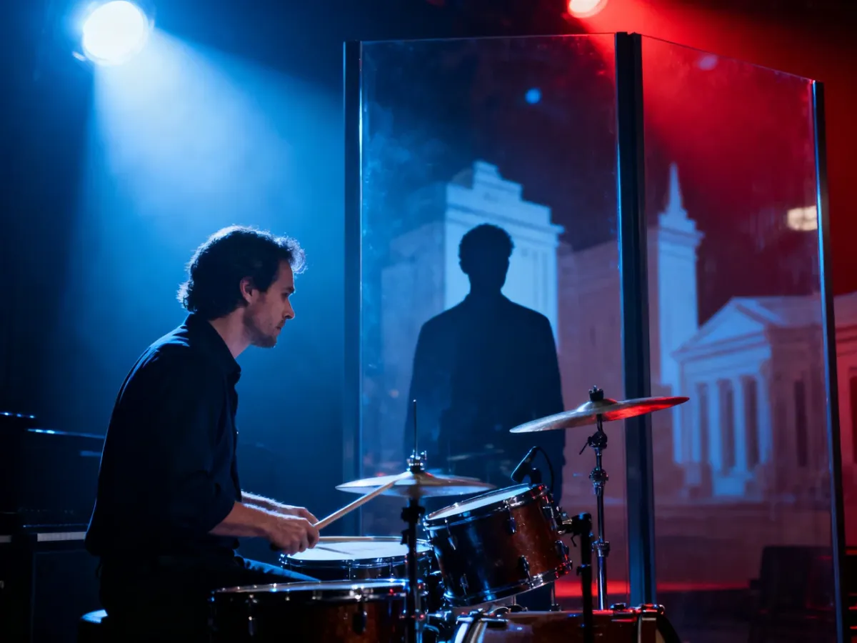 Intensywna scena łącząca napięcie thrillera, muzykę i surrealistyczny sen