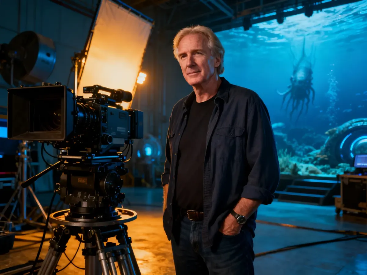 James Cameron na planie filmowym pośród sprzętu produkcyjnego