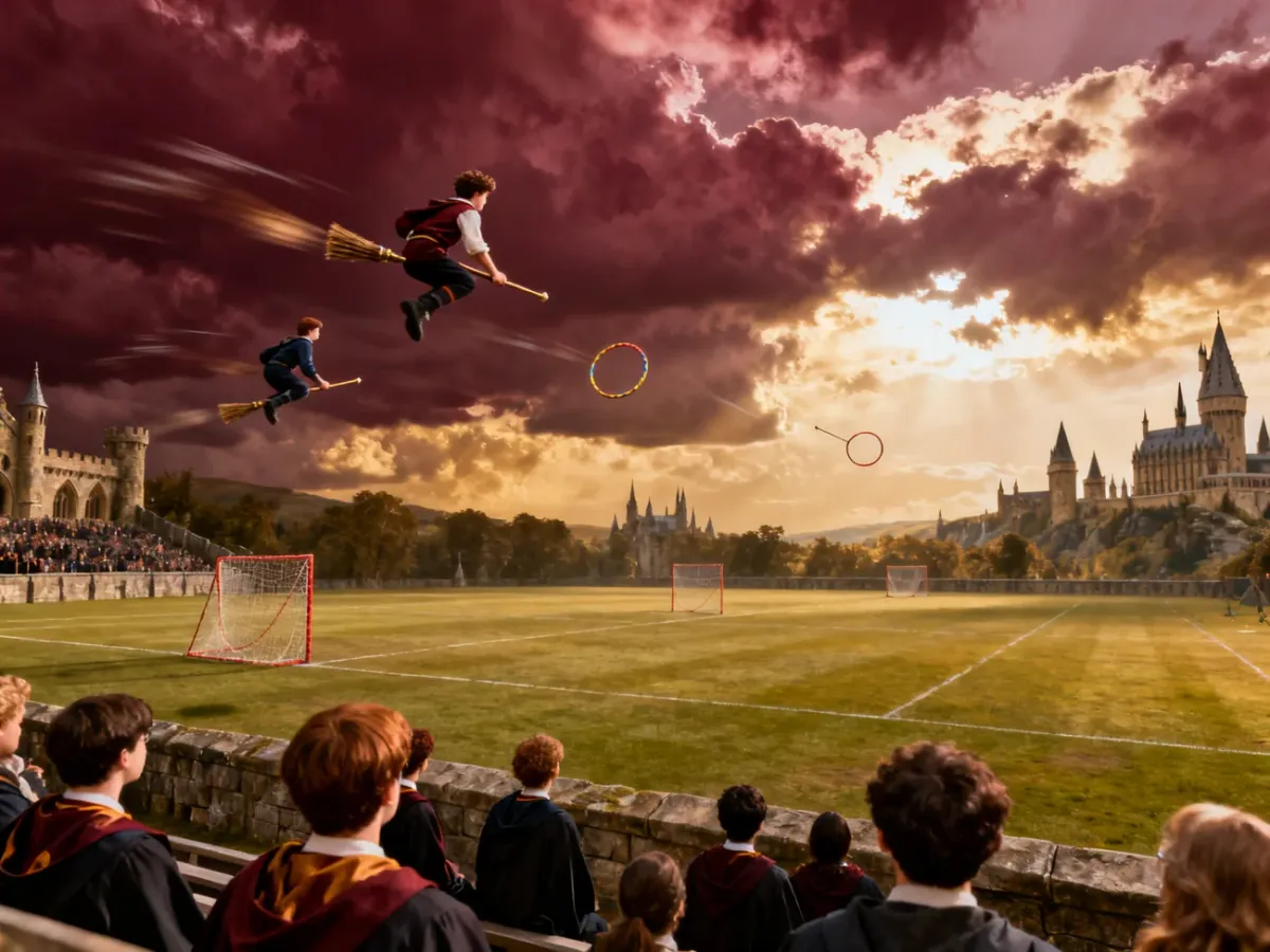 Mecz quidditcha rozgrywany nad boiskiem Hogwartu
