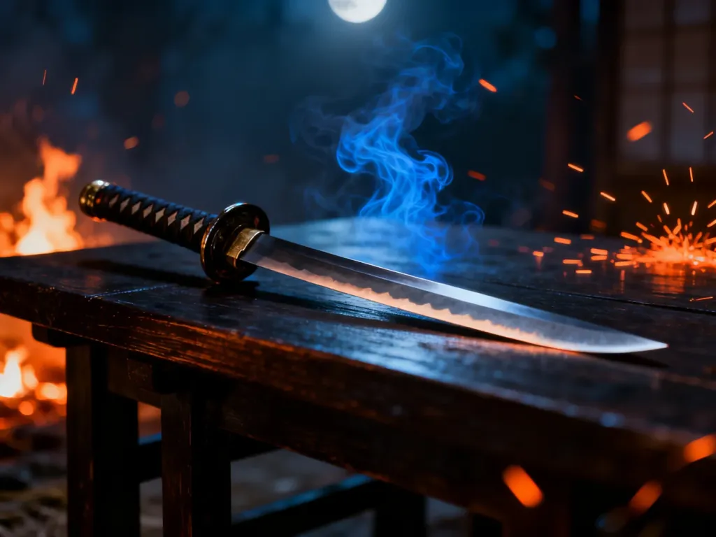 Tradycyjna japońska katana na drewnianym stole w otoczeniu mistycznego dymu i iskier, nawiązująca do klimatu Demon Slayer.