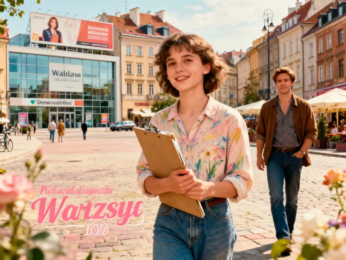 Młoda artystka z portfolio na tle Warszawy i biur agencji reklamowej