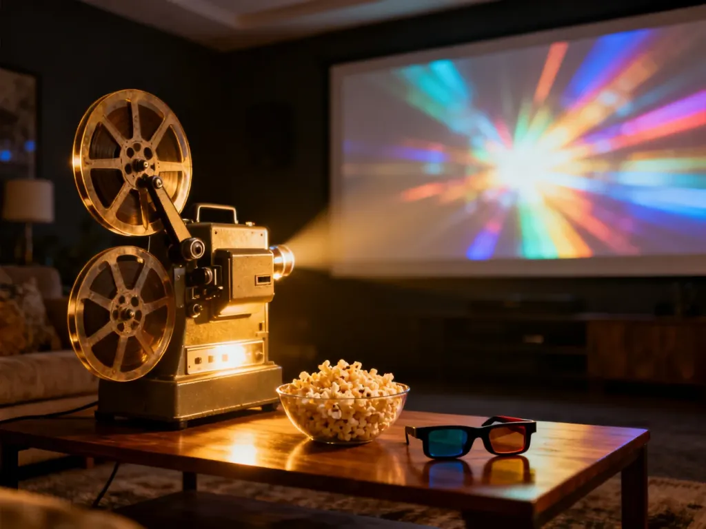 Projektor filmowy w przytulnym kinie domowym z popcornem i okularami 3D na stole, tworzący nastrojowy klimat do oglądania.