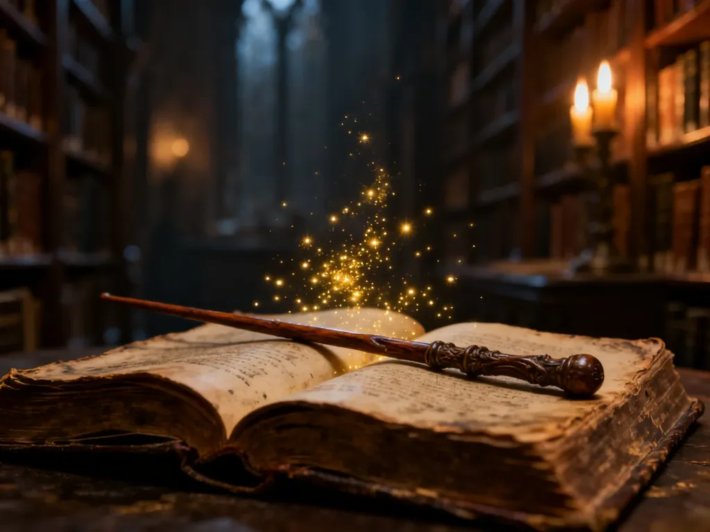 Magiczna różdżka leżąca na otwartej, starej księdze w nastrojowej bibliotece, otoczona złotymi drobinkami światła.