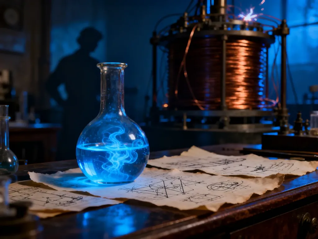 Stół laboratoryjny z probówką wypełnioną świecącą cieczą i szkicami, budujący mroczny klimat filmu o Frankensteinie.