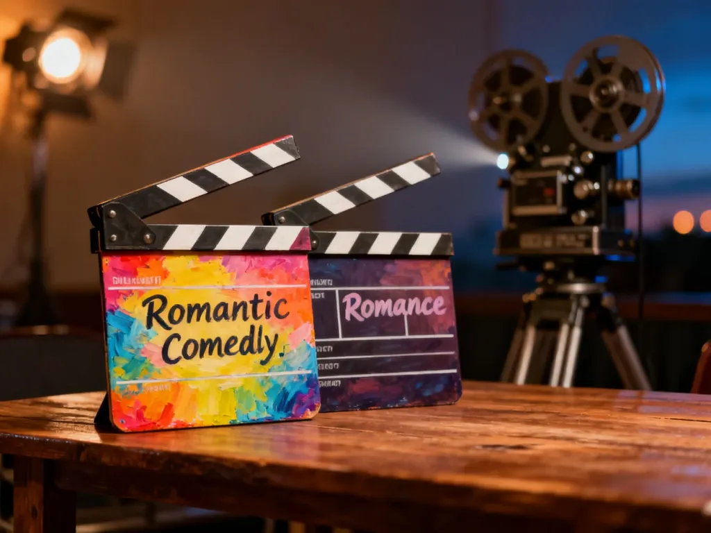 Dwa klapsy filmowe na drewnianym stole: kolorowy symbolizujący komedię romantyczną oraz stonowany reprezentujący romans.