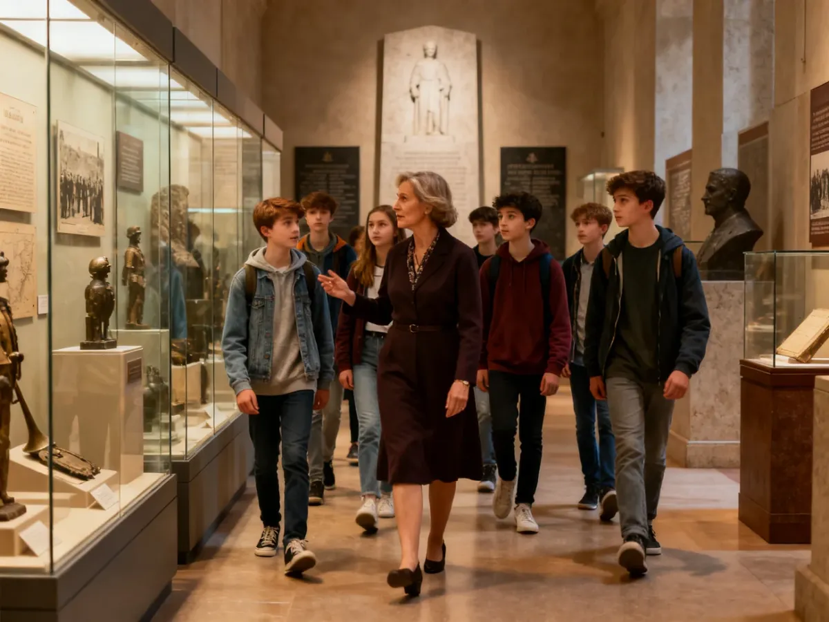 Nauczyciel historii prowadzący uczniów po muzeum