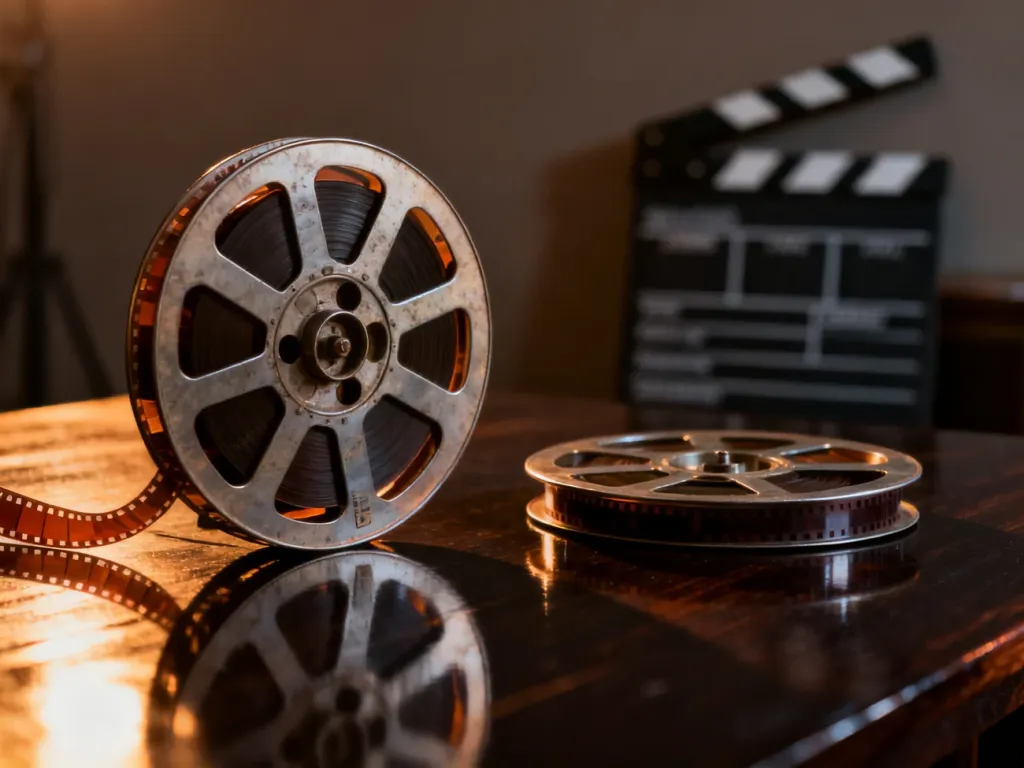 Dwie zabytkowe szpule filmowe na drewnianym stole w klimatycznym, kinowym oświetleniu.