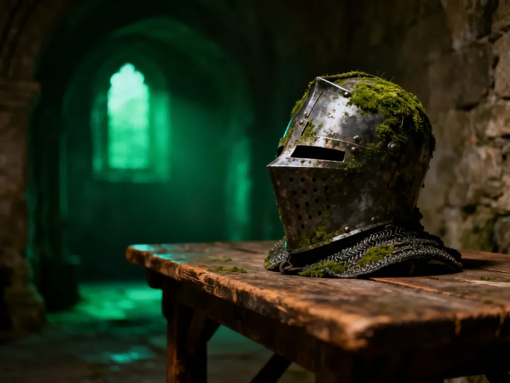 Zardzewiały, porośnięty mchem hełm rycerski na drewnianym stole w mrocznej, mistycznej komnacie w klimacie filmu Green Knight.