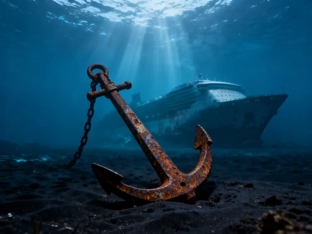 Zardzewiała kotwica na dnie oceanu z majaczącym w tle wrakiem statku, budująca tajemniczy klimat związany z historią Titanica.