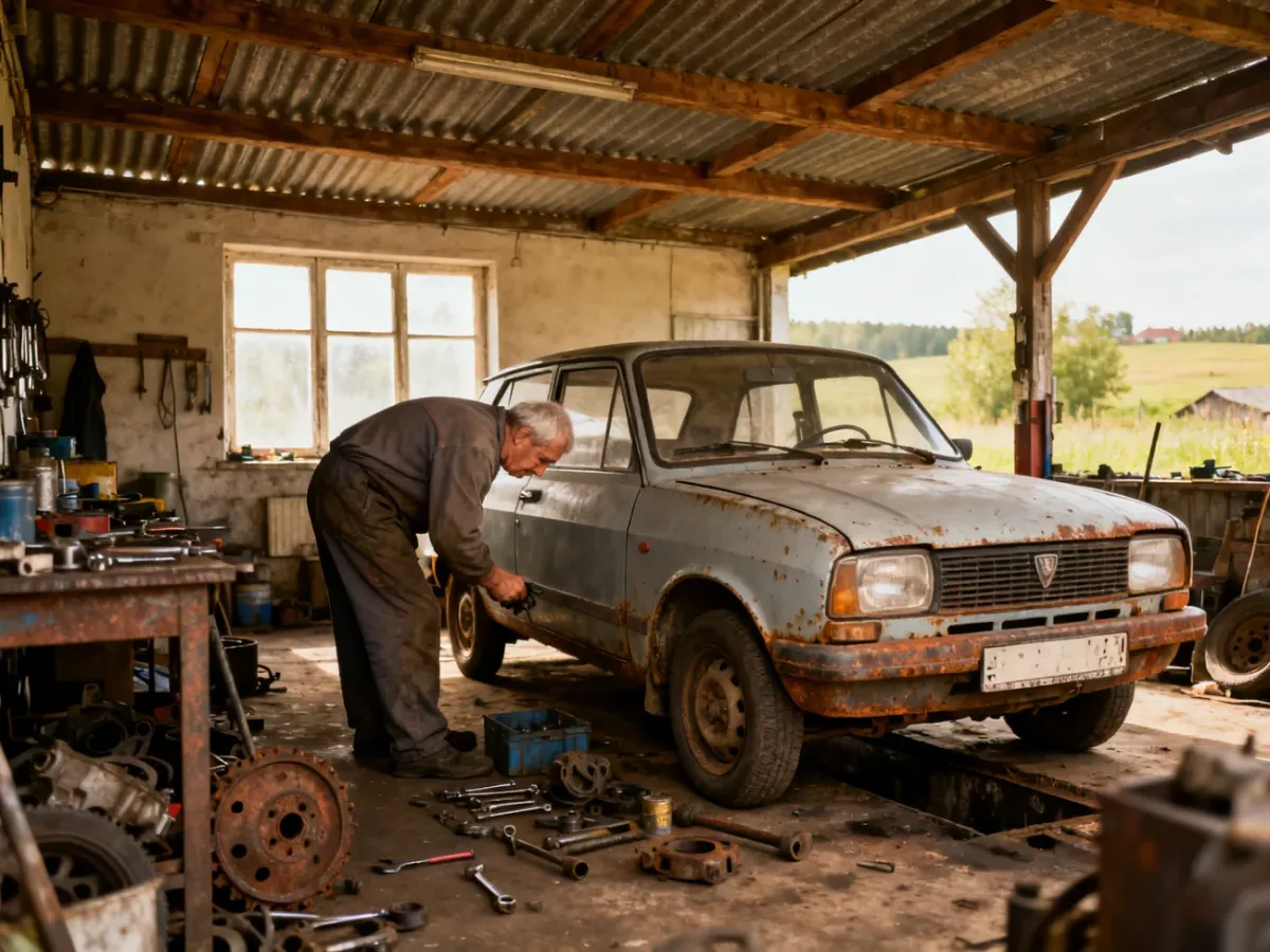 Mechanik naprawiający stary samochód w wiejskim warsztacie w Polsce lat 90.