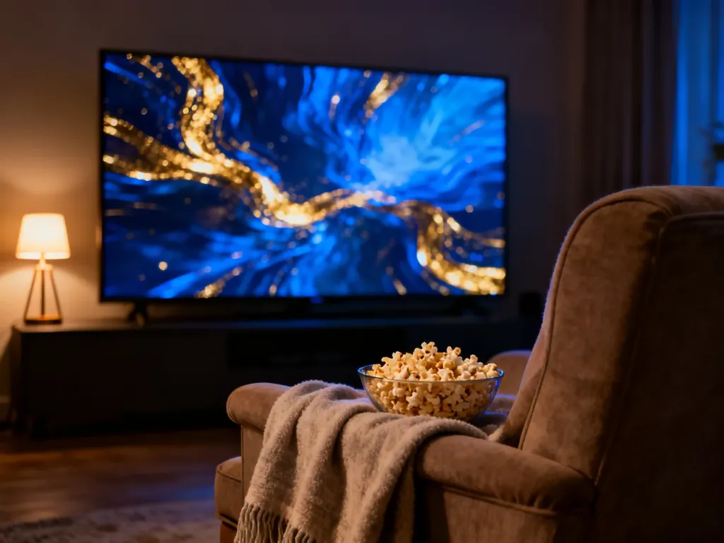 Przytulny kącik kinowy z fotelem, kocem i popcornem przed ekranem telewizora wyświetlającym nastrojową animację.