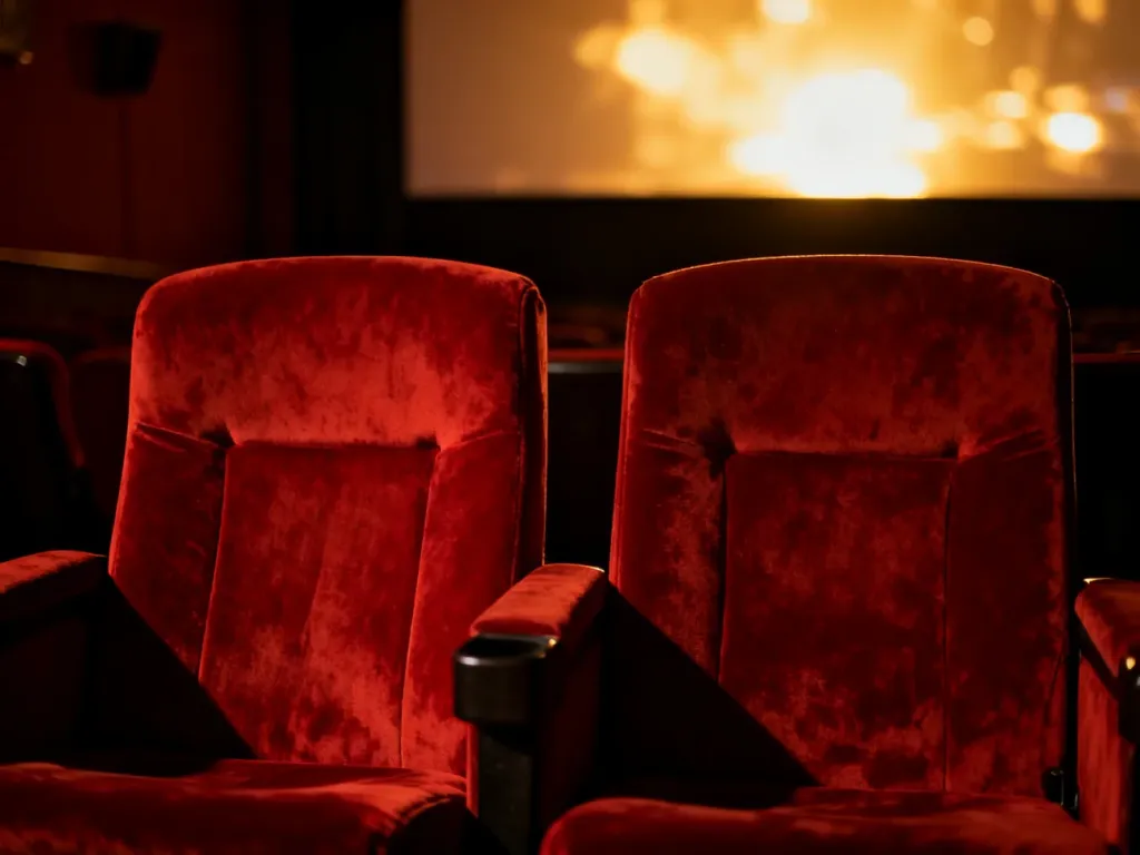 Dwa puste, kinowe fotele w nastrojowym świetle sali, zapowiadające oczekiwanie na kolejną część filmu.