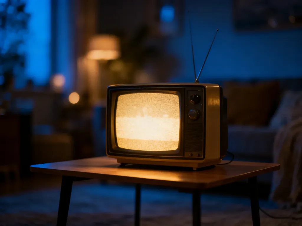 Włączony telewizor w stylu vintage na drewnianym stoliku w przytulnym salonie, sugerujący oglądanie programu w domu.