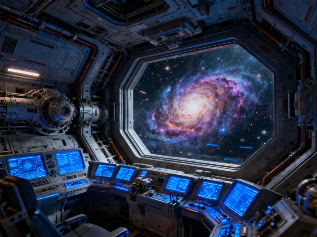 Wnętrze futurystycznej stacji kosmicznej z widokiem na mgławicę, utrzymane w realistycznej stylistyce hard science fiction.