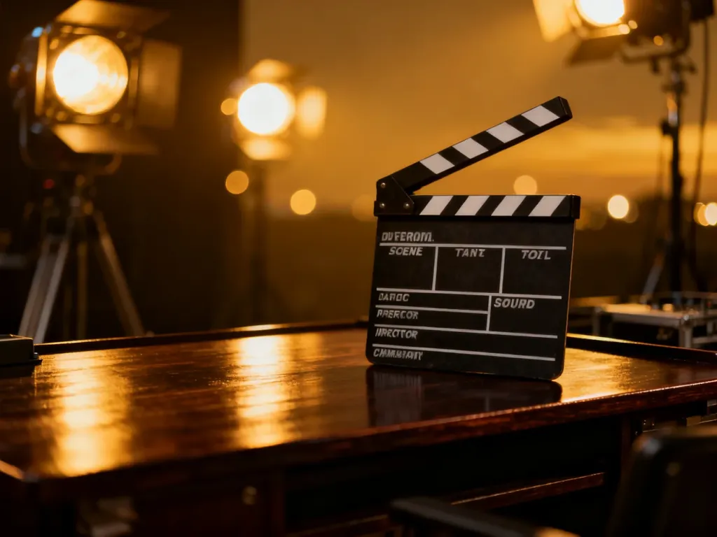 Profesjonalny klaps filmowy na biurku reżysera w nastrojowym oświetleniu studia telewizyjnego.