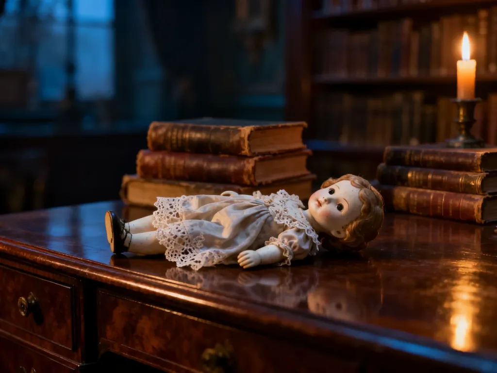 Zabytkowa porcelanowa lalka w koronkowej sukni na tle przytulnej biblioteki w wiktoriańskim stylu.