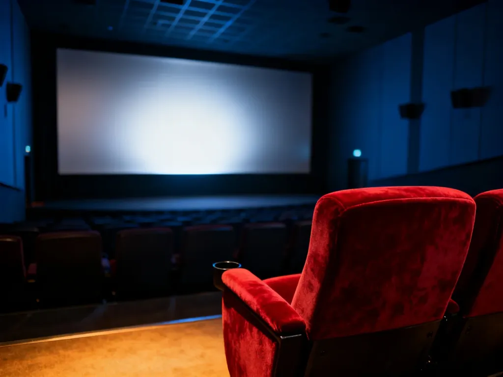 Puste, nowoczesne kino z czerwonym fotelem na pierwszym planie i podświetlonym ekranem, budujące tajemniczy nastrój.