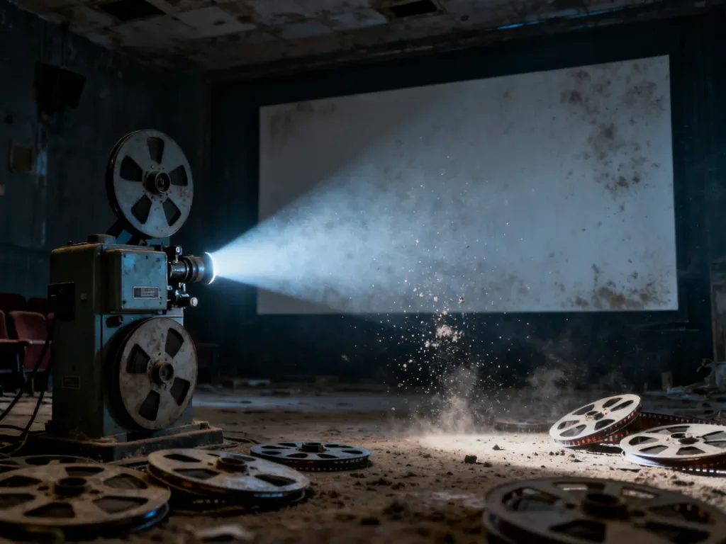 Stary projektor filmowy wyświetlający snop światła w opuszczonym kinie, nawiązujący do klimatu dawnych seansów.