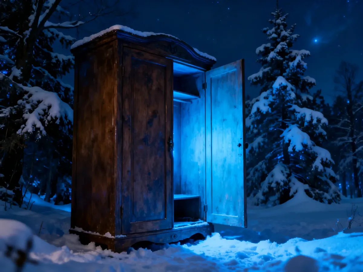 Otwarta stara szafa prowadząca do ośnieżonej, magicznej krainy