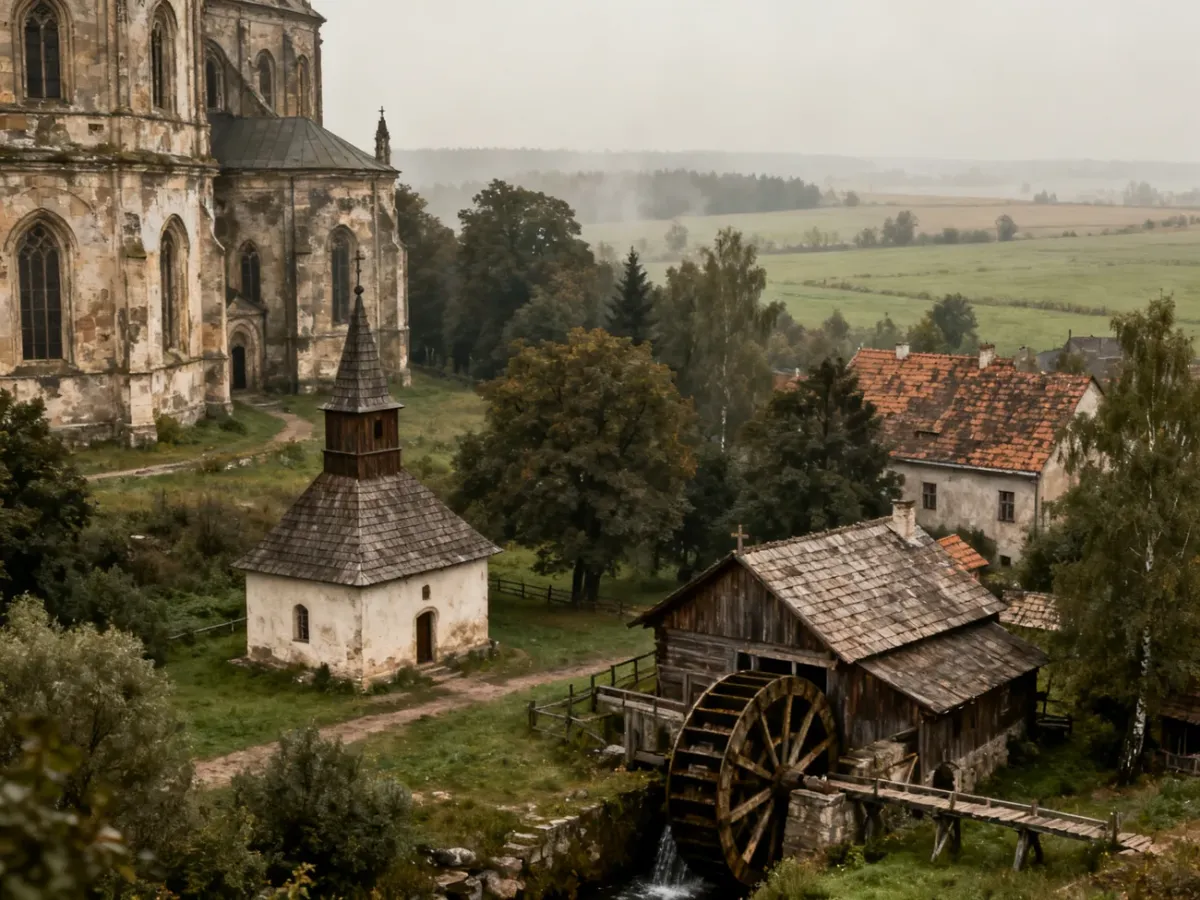 Historic Polish village landscape with a church and old water mill