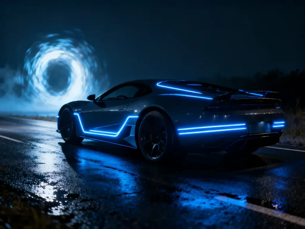 Futurystyczny samochód z neonowymi liniami na tle tajemniczego portalu, nawiązujący do estetyki podróży w czasie.