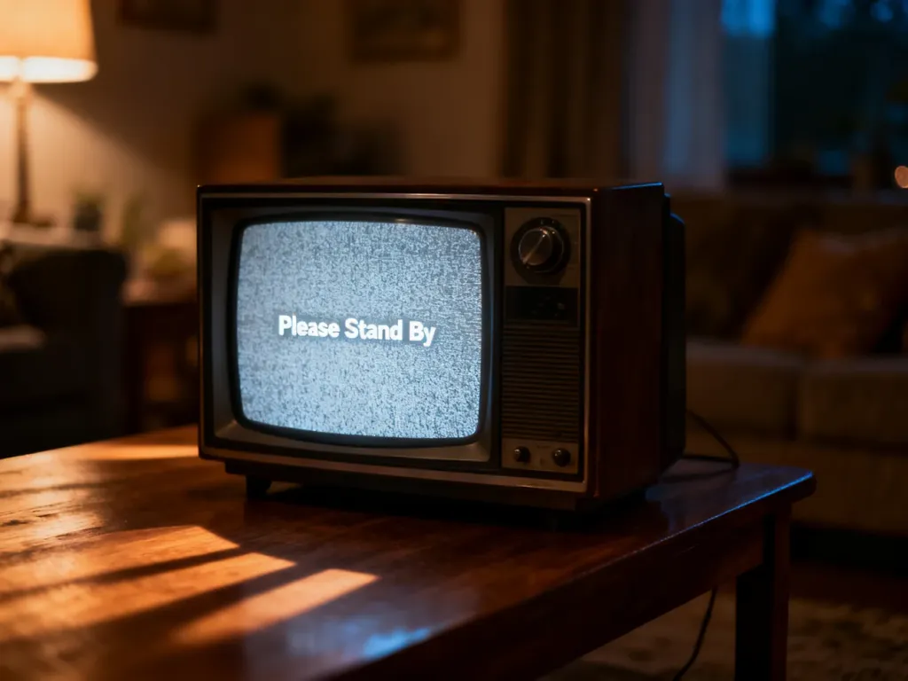 Stary telewizor z planszą kontrolną w przytulnym, zaciemnionym salonie, nawiązujący do klimatu serialu.