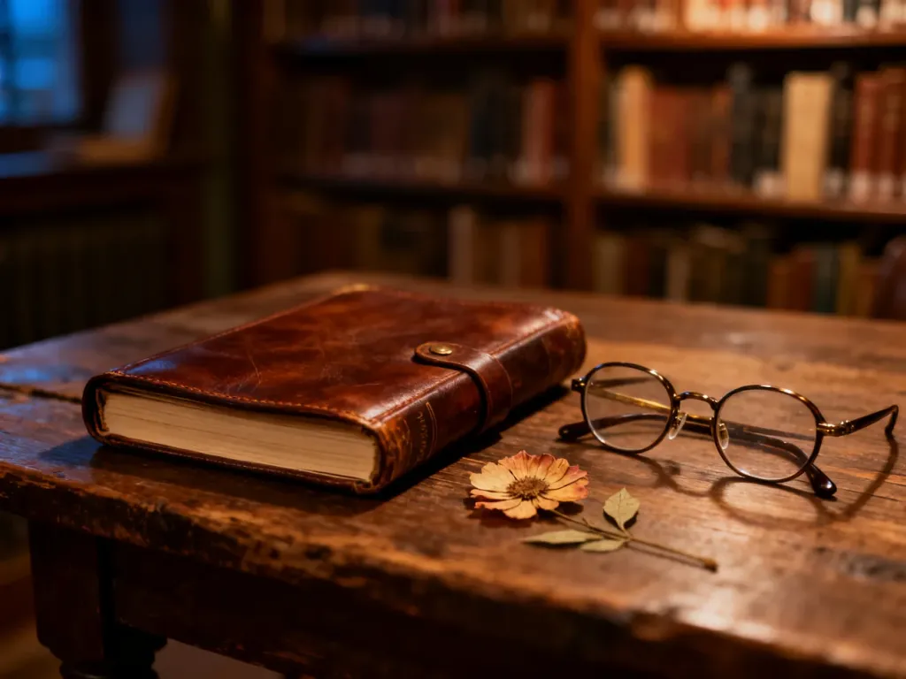 Stary notatnik, okulary i zasuszony kwiat w przytulnej bibliotece, budujące romantyczny klimat filmu „Pamiętnik”.
