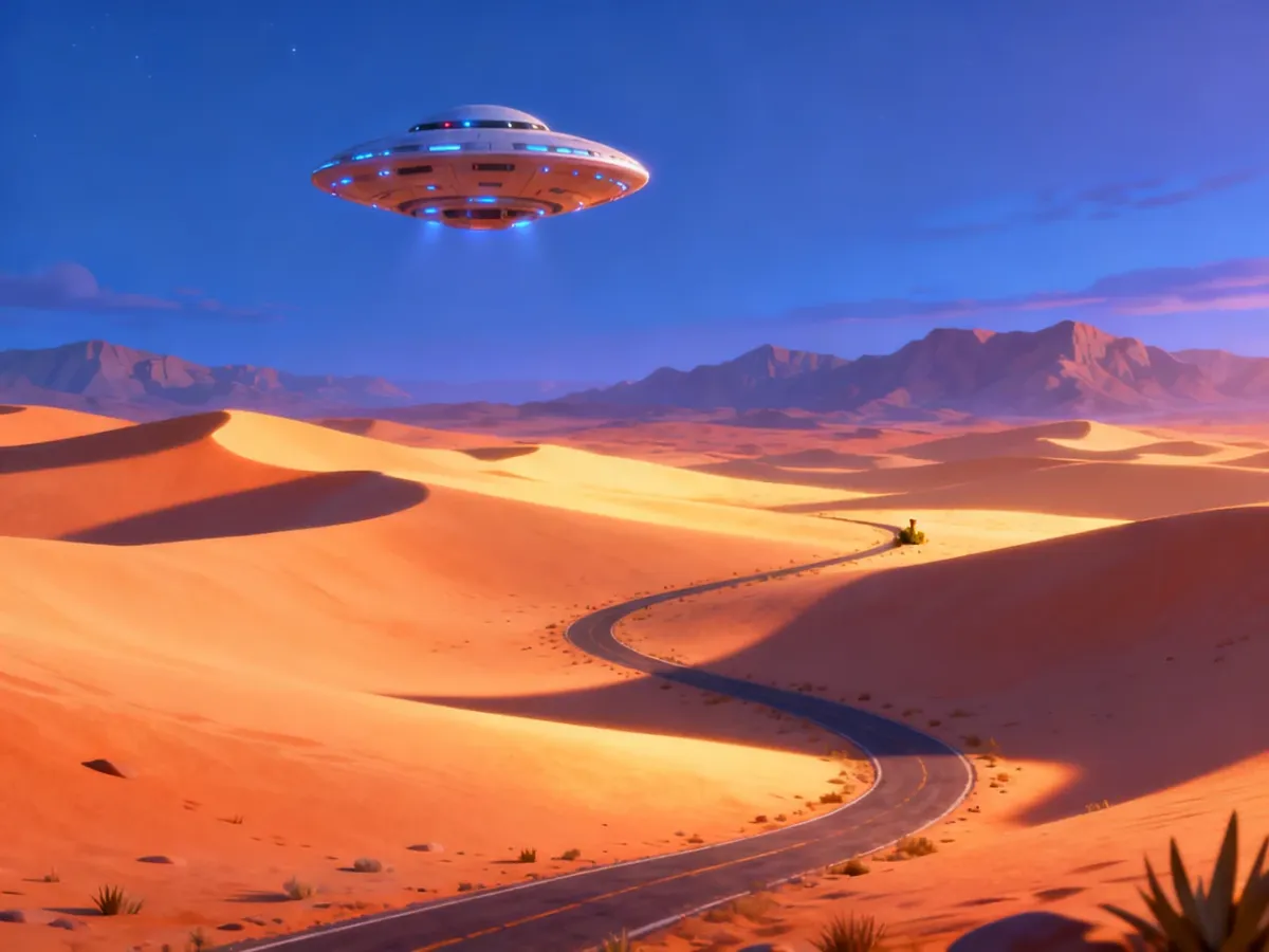Tajemnicze UFO nad pustynnym krajobrazem o zmierzchu