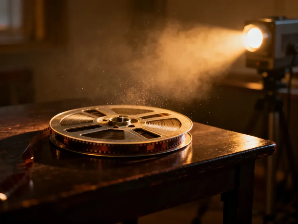 Szpula filmu 35 mm na drewnianym stole w nastrojowym, kinowym oświetleniu, przywołująca klimat klasycznego dramatu.