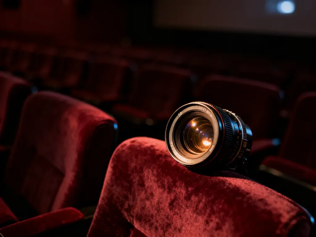 Obiektyw kamery filmowej na aksamitnym fotelu w pustej sali kinowej, budujący nastrojowy klimat oczekiwania na seans.