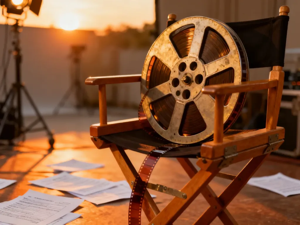 Szpula z taśmą filmową na reżyserskim krześle w świetle zachodzącego słońca, symbolizująca proces tworzenia kina.