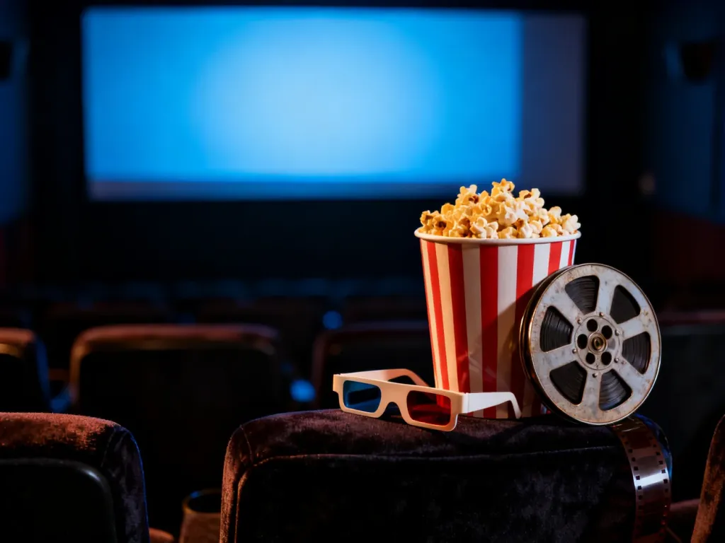 Pudełko popcornu, szpula filmowa i okulary 3D na kinowym fotelu, budujące klimat seansu filmowego.