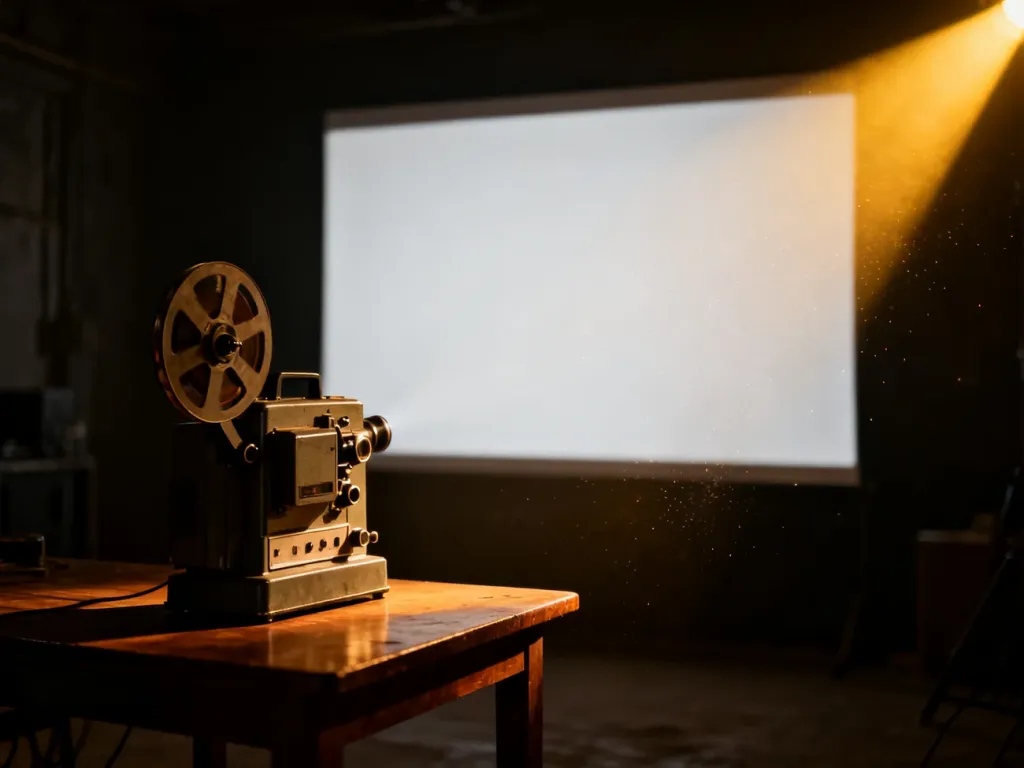 Stary projektor filmowy na drewnianym stole w nastrojowym, kinowym wnętrzu z rozświetlonym ekranem w tle.