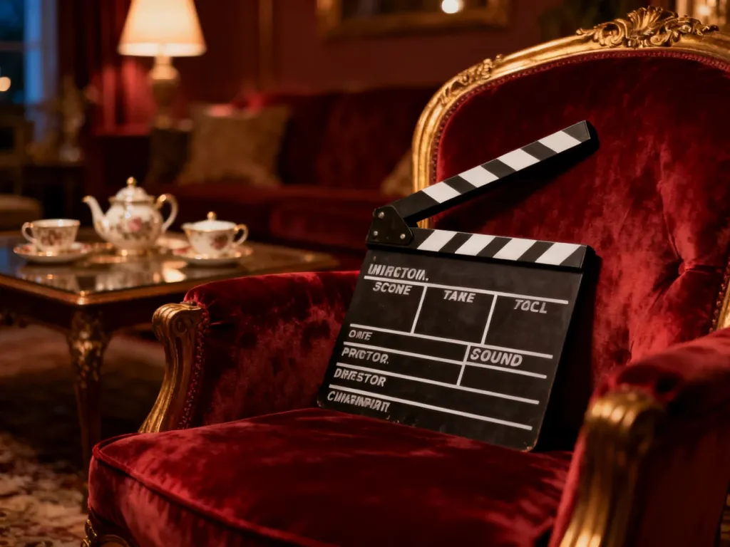 Profesjonalny klaps filmowy na aksamitnym fotelu w eleganckim salonie, budujący nastrojowy, kinowy klimat.