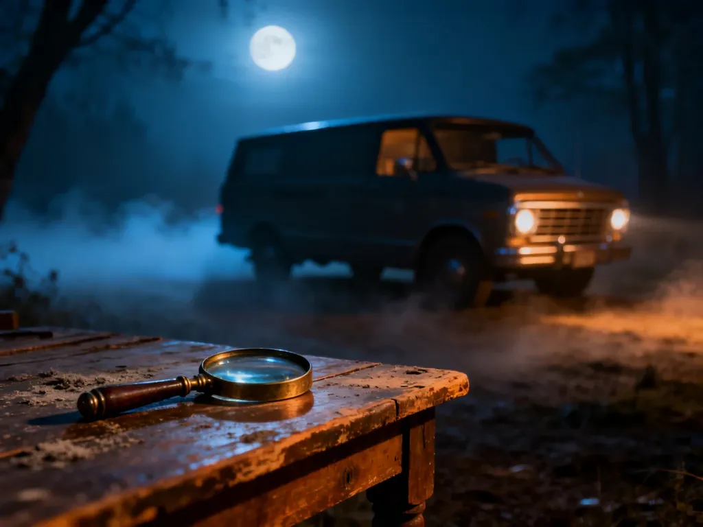 Lupa na drewnianym stole oraz sylwetka tajemniczego vana w świetle księżyca, nawiązujące do klimatu przygód Scooby-Doo.