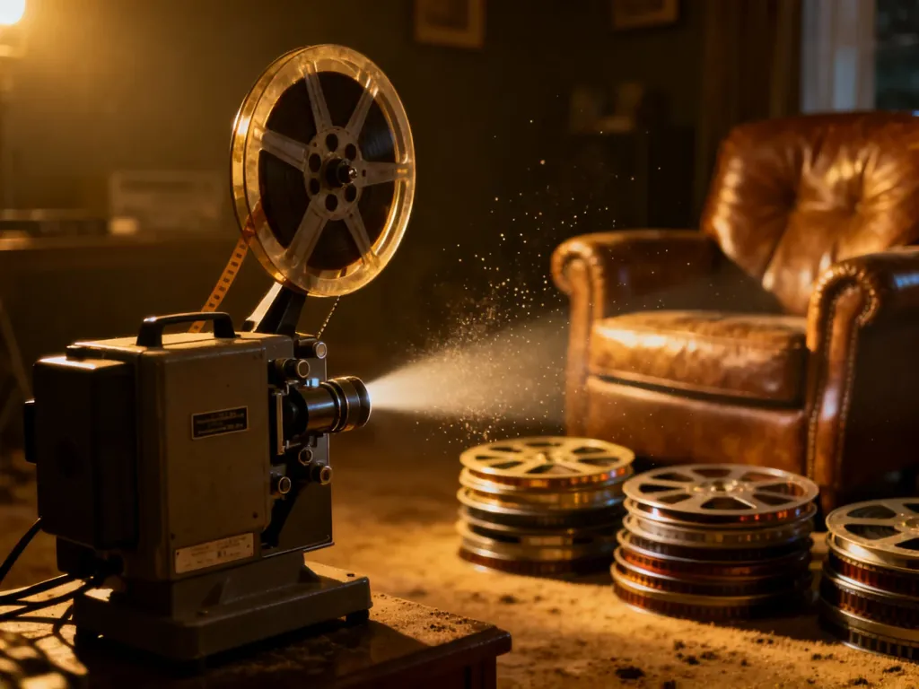 Stylowy projektor filmowy i rolki taśmy w przytulnym kinie domowym, tworzące atmosferę idealną do oglądania filmów.