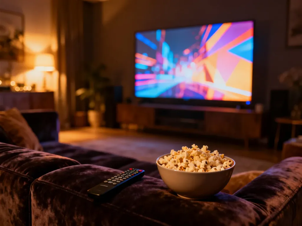 Przytulny salon z kinem domowym, miską popcornu i pilotem na kanapie, zachęcający do wieczornego seansu na Netflixie.