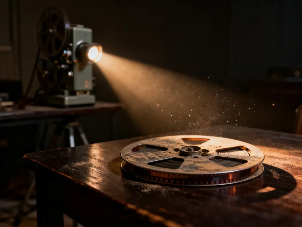 Stara szpula filmowa na drewnianym stole i włączony projektor tworzący nastrojowy, kinowy klimat w ciemnym pomieszczeniu.