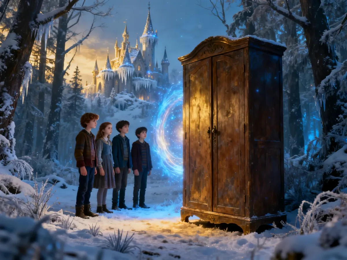 Dzieci odkrywające przejście do zaśnieżonej magicznej krainy Narnii