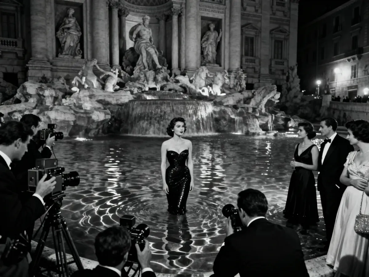 Stylized nighttime scene inspired by La dolce vita at Rome’s Trevi Fountain