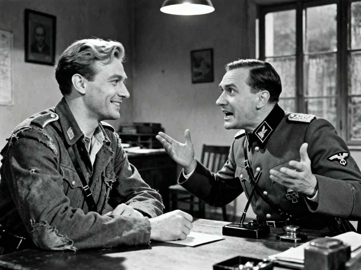 Polish soldier facing an exasperated German officer during an interrogation