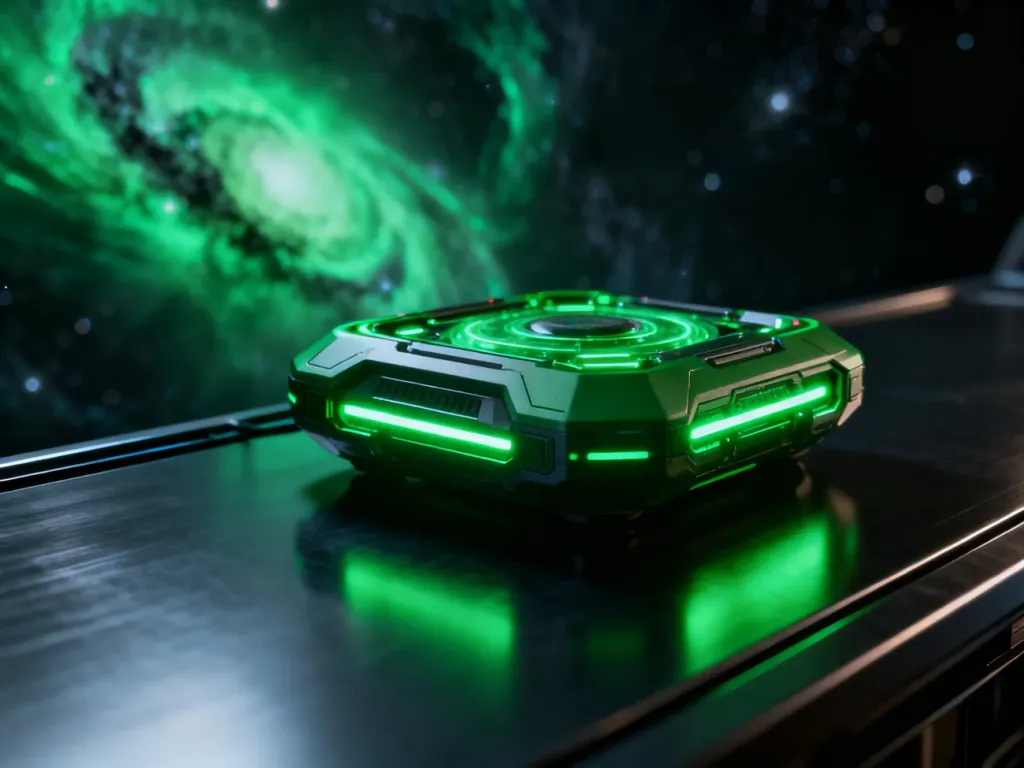 Futurystyczny Omnitrix spoczywający na metalowej powierzchni na tle kosmicznej mgławicy w odcieniach zieleni.